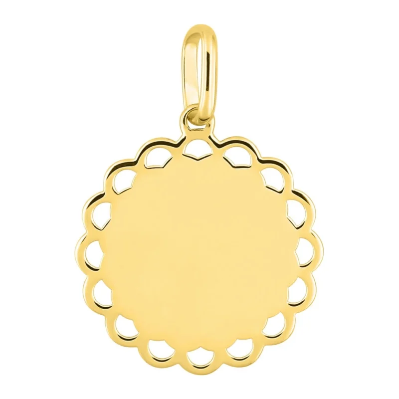 Médaille Ronde à Graver Plaqué Or Jaune Bord Dentelle 16mm