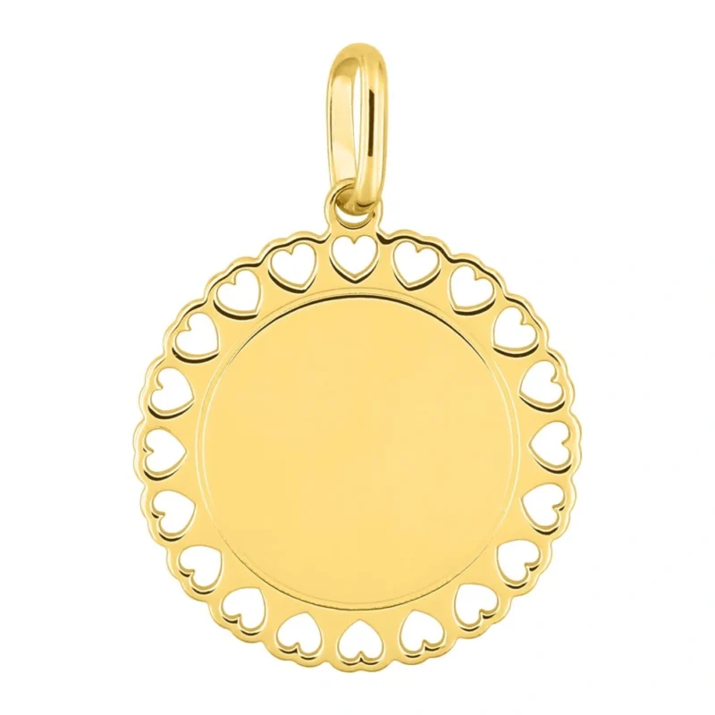 Médaille Ronde à Graver Plaqué Or Jaune Bord Dentelle Coeurs 17mm