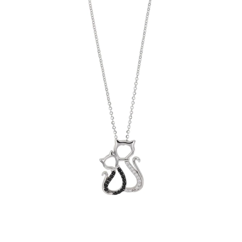 Collier Argent Rhodié 925/1000 Chats  avec Oxydes Blancs et Noirs