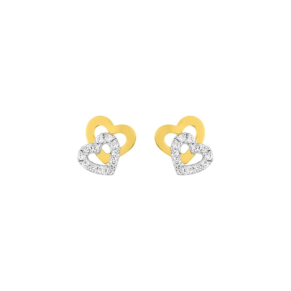 Boucles d'oreilles Plaqué Or Bicolore Double Coeur avec Pavage Oxydes Blancs