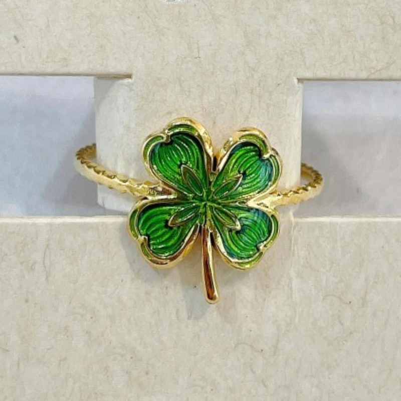 Bague Fashion Steel Acier Doré Ajustable Trèfle Vert