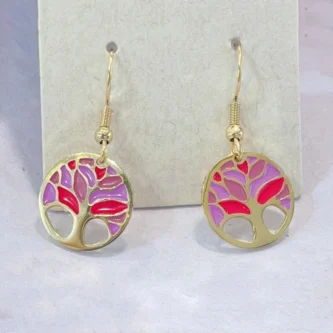 Boucles d'oreilles Pendantes Fashion Steel Acier Doré Arbre de Vie et Laque Multicolore