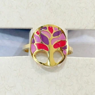 Bague Fashion Steel Acier Doré Ajustable Arbre de Vie et Laque Multicolore