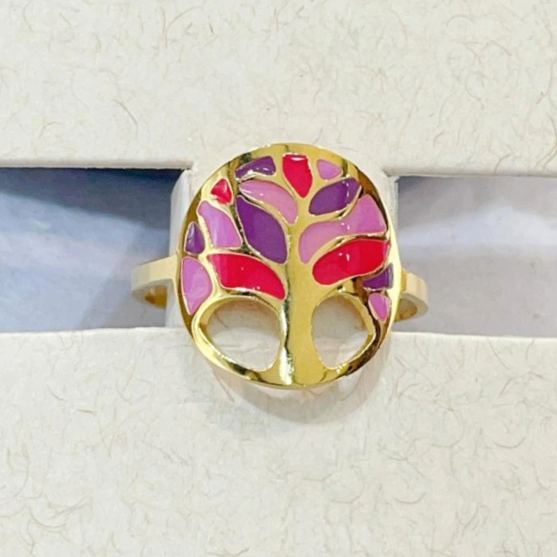 Bague Fashion Steel Acier Doré Ajustable Arbre de Vie et Laque Multicolore