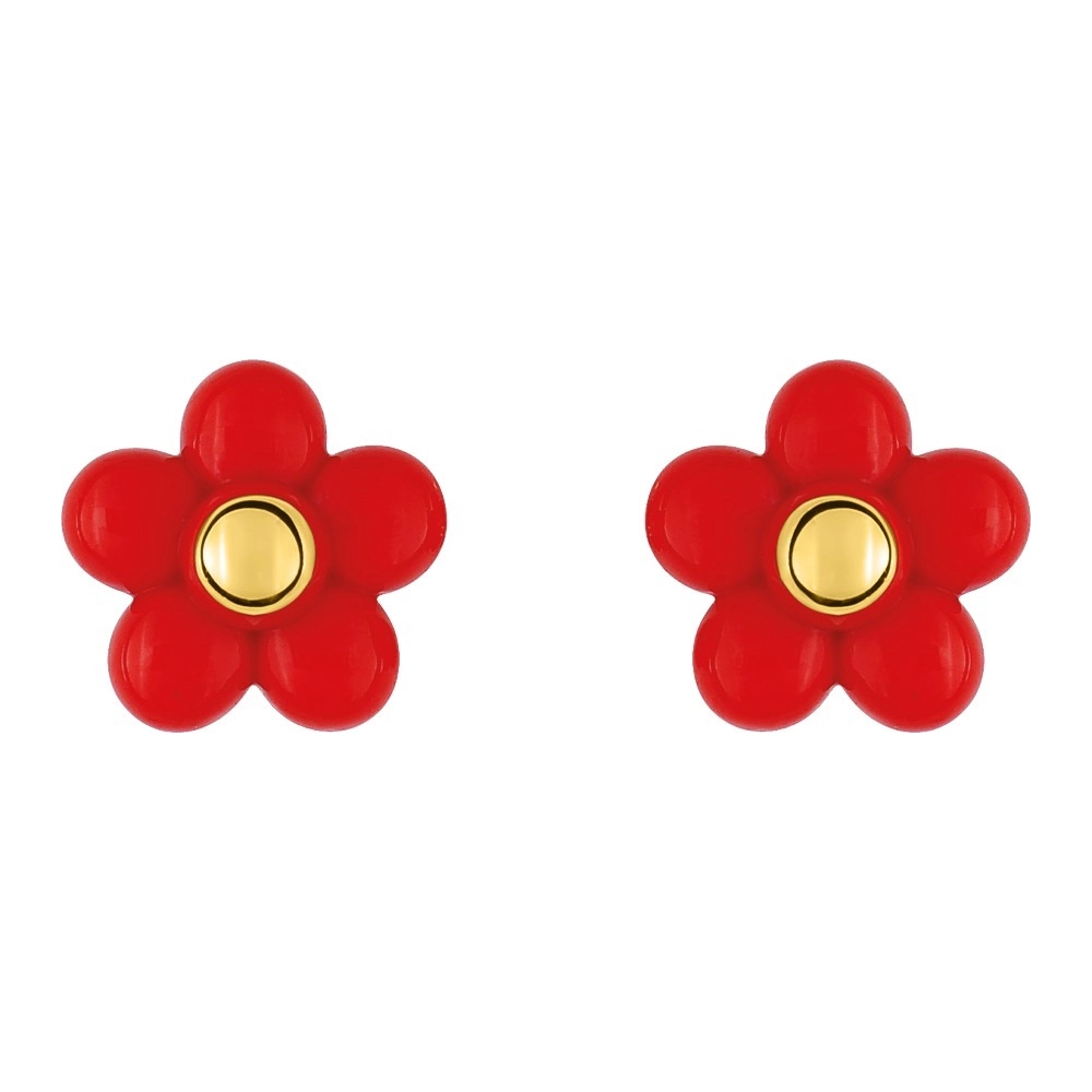 Boucles d'oreilles Or Jaune 375/1000 Fleur Laque Rouge Poussettes à Vis