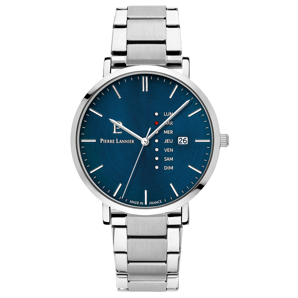 Montre Homme Pierre Lannier Data Cadran Bleu Bracelet Acier Argenté 242D161
