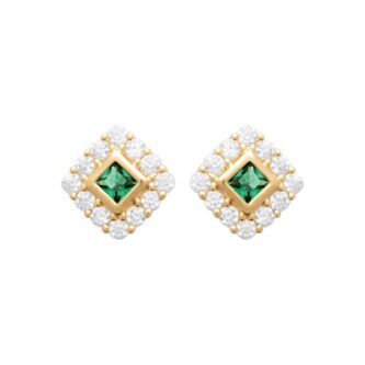 Boucles d'oreilles Plaqué Or Losange Oxyde Vert et Entourage Oxydes Blancs