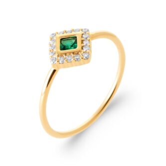 Bague Plaqué Or Jaune Losange Oxyde Vert et Entourage Oxydes Blancs - 52
