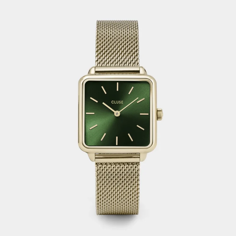 Montre Femme Cluse Tétragone Acier Doré Jaune Fond Vert Bracelet Milanais CW0101207013