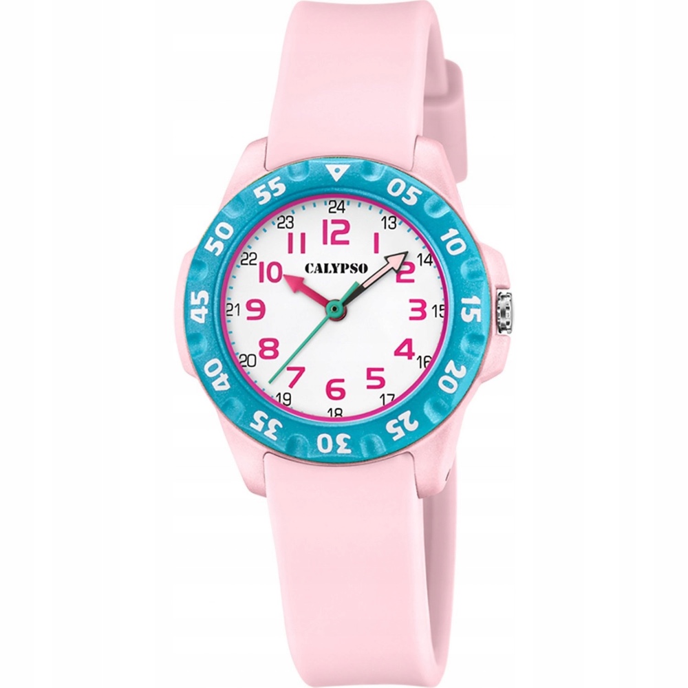 Montre Calypso Enfant Analogique My First Watch Fond Blanc Lunette Turquoise Boite et Bracelet Rose Clair K5829/2