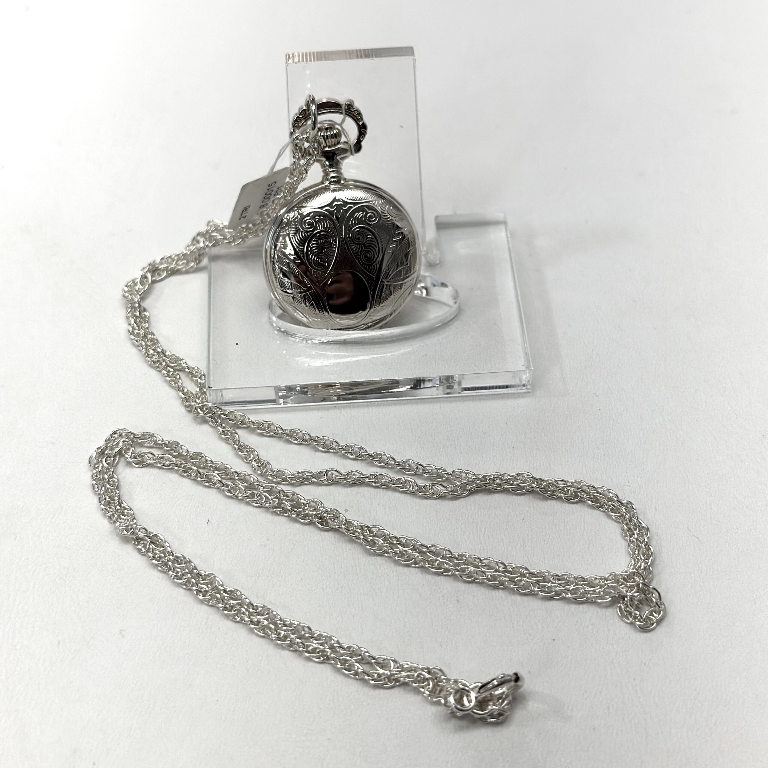 Montre De Poche Pendentif « Cheval Blanc Avec Miroir » – Quartz, Collier Argent 80 Cm, Cadeau Pour Femme
