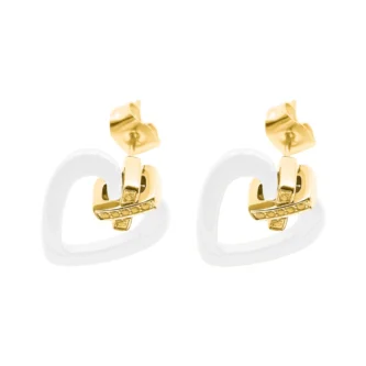 Boucles d'oreilles Fashion Steel Acier Doré Oxydes et Coeur Céramique Blanche