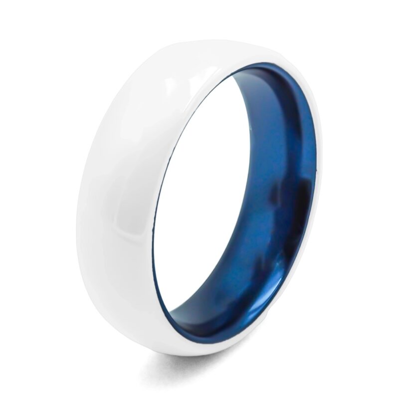 Bague Céramique Blanche et Intérieur Aluminium Bleu 6mm