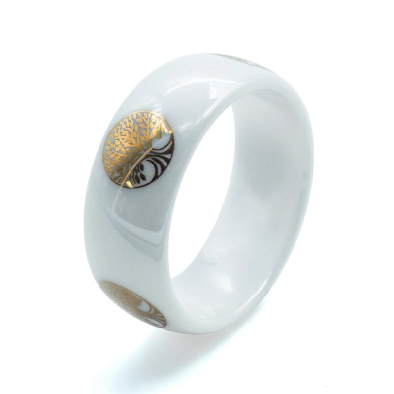 Bague Céramique Blanche et Arbre de Vie Plaqué Or Jaune