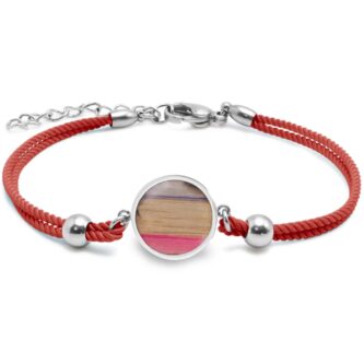 Bracelet Fashion Steel Acier Silver Coton Rouge Jeton Bois teinté Multicolore 15mm