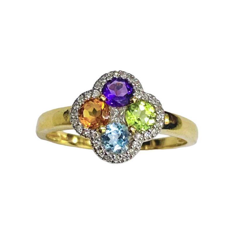 Bague Or Jaune 750/1000 Citrine Péridot Améthyste Topaze Entourage Diamants
