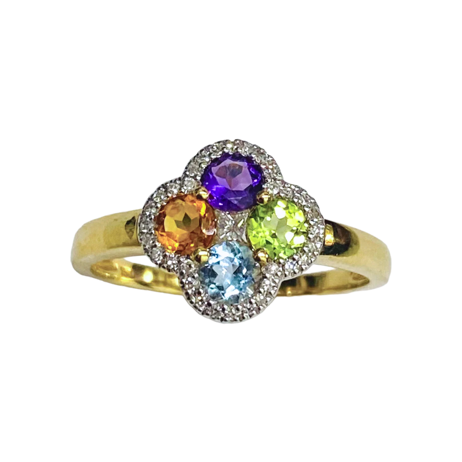 Bague Or Jaune 750/1000 Citrine Péridot Améthyste Topaze Entourage Diamants