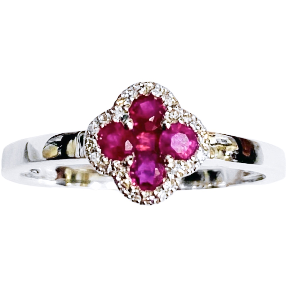 Bague Or Blanc 750/1000 avec 4 Rubis Ronds 0.072ct et Entourage Diamants 0.007ct