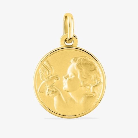 Médaille Ronde Plaqué Or Jaune Ange et la Colombe