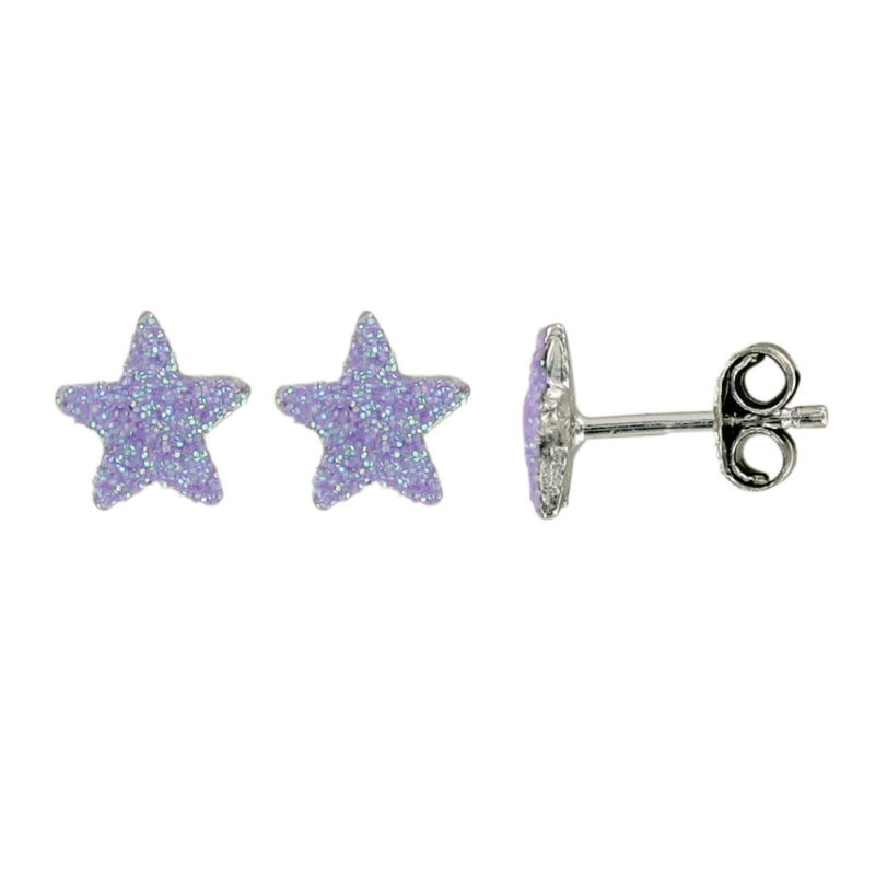 Boucles d'oreilles Argent Rhodié 925/1000 Étoile et Émail Violet Poussettes Belges