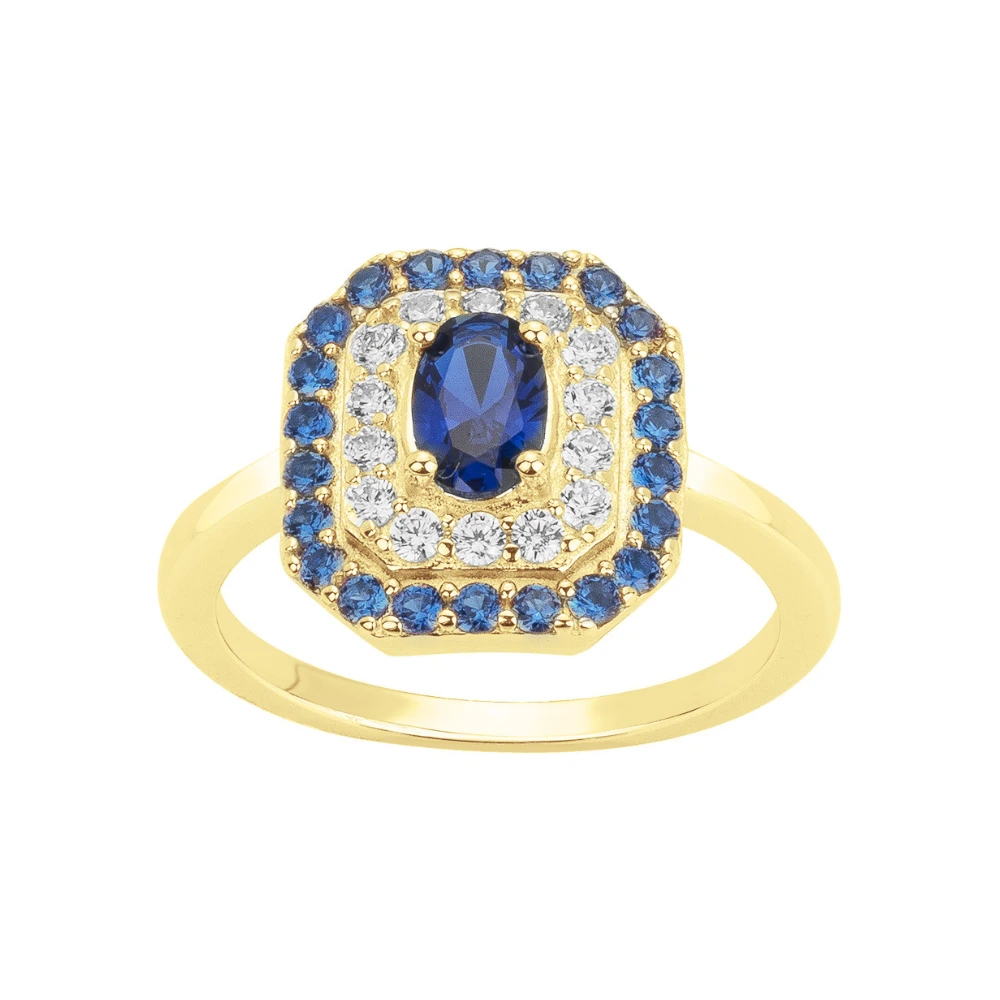 Bague Plaqué Or Jaune Spinelles Synthétiques Bleues et Oxydes Blancs