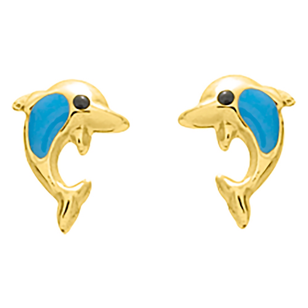 Boucles d'oreilles Enfants Or Jaune 750/1000 Dauphins Laque Bleue Poussettes à Vis