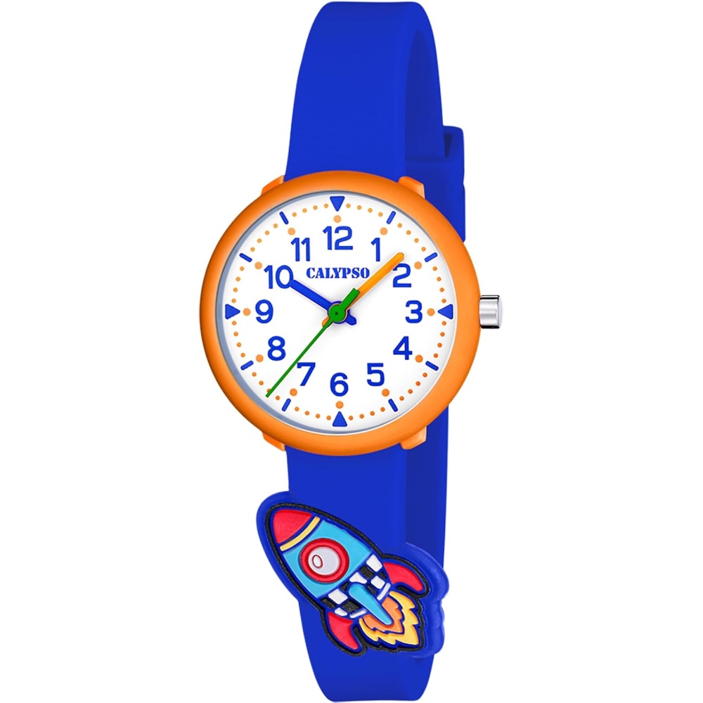 Montre Calypso Enfant Analogique My First Watch Fond Blanc Boite Orange Bracelet Bleu Fusée K5845/1