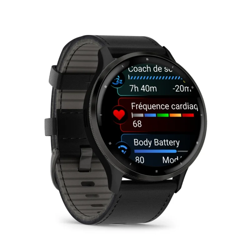 Montre Garmin Connectée Venu 3  Lunette Gray en acier inoxydable avec boîtier noir et bracelet en cuir noir 010-02784-52 – Image 3