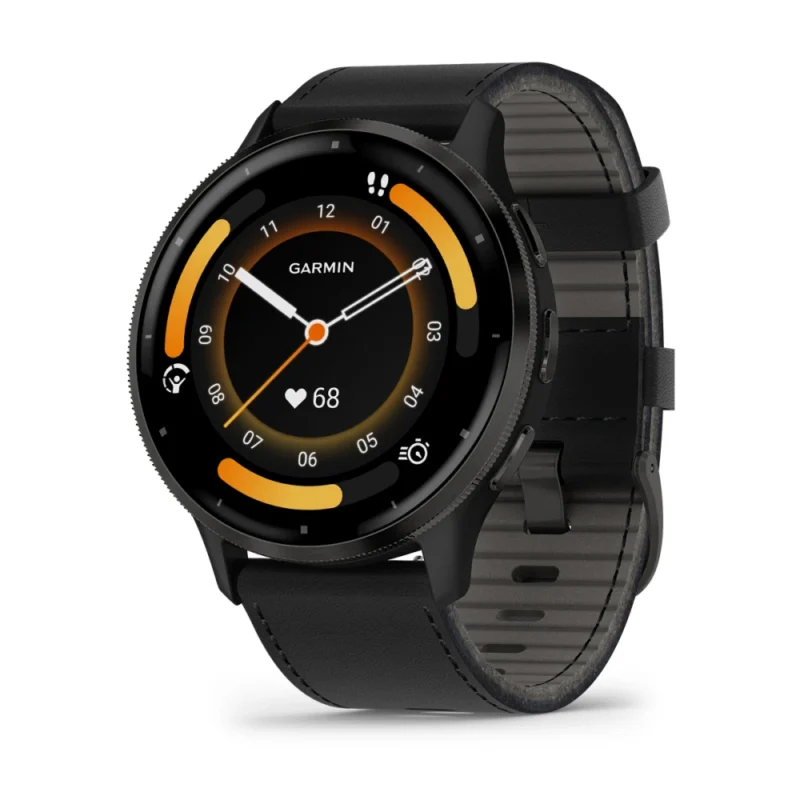 Montre Garmin Connectée Venu 3  Lunette Gray en acier inoxydable avec boîtier noir et bracelet en cuir noir 010-02784-52