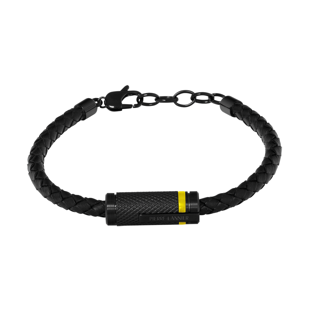 Bracelet Pierre Lannier Homme Paddock Cuir Tressé Noir Motif Acier Noir et Jaune