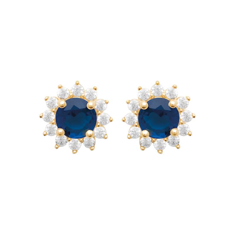 Boucles d'oreilles Plaqué Or Jaune Marguerite Oxyde Bleu Central Rond et Entourage Oxydes Blancs Sertis