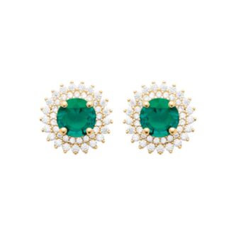 Boucles d'oreilles Plaqué Or Jaune Marguerite Oxyde Vert Central Rond et Double Entourage Oxydes Blancs Sertis