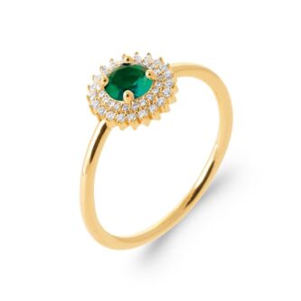 Bague Plaqué Or Marguerite Oxyde Vert Central Rond et Double Entourage Oxydes Blancs Sertis - 52