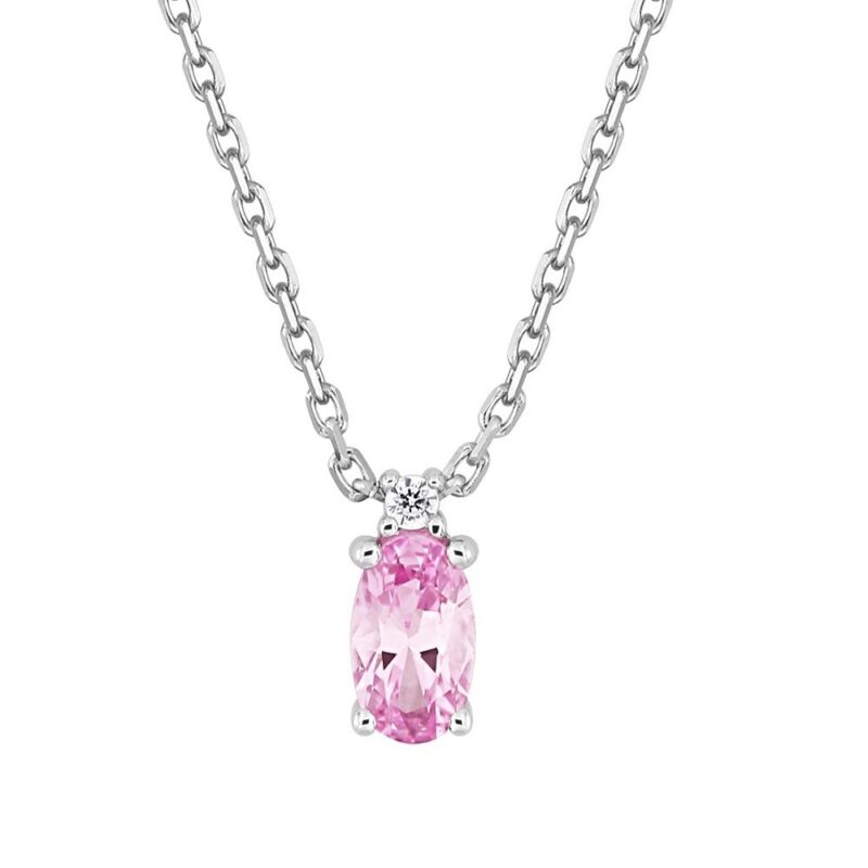 Collier Or Blanc 750/1000 Saphir Rose Ovale et Diamant 0.01ct