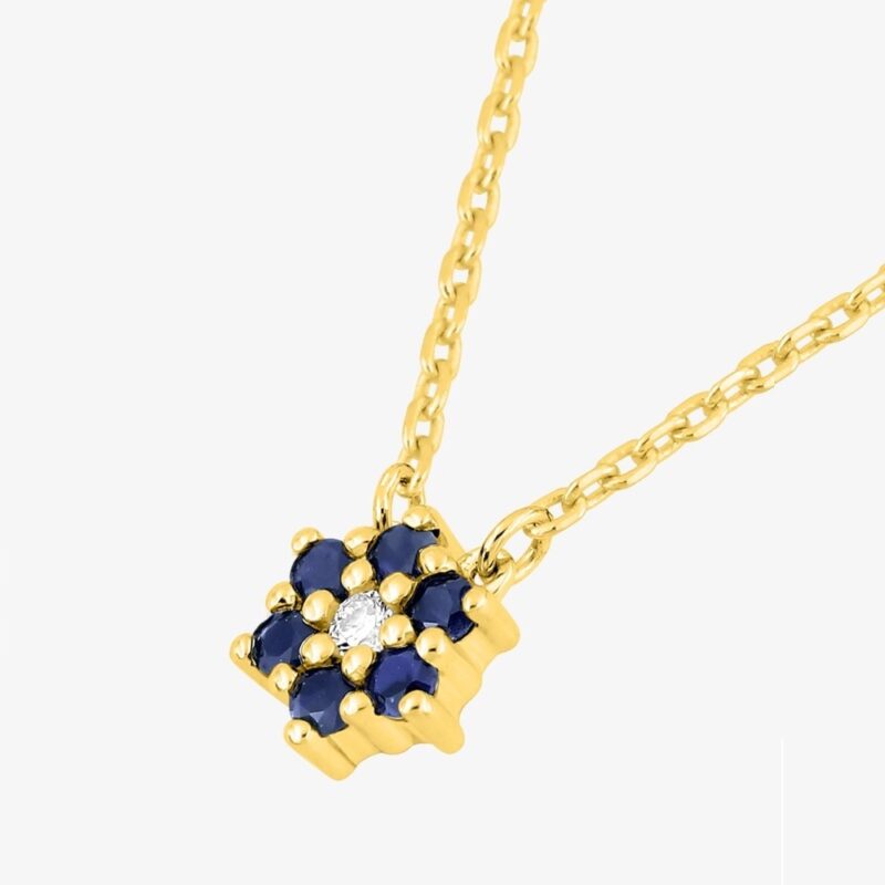 Collier Or Jaune 750/1000 Motif Fleur 6 Saphirs et 1 Diamant 0.01ct – Image 2