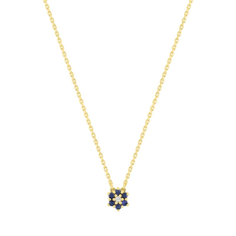 Collier Or Jaune 750/1000 Motif Fleur 6 Saphirs et 1 Diamant 0.01ct
