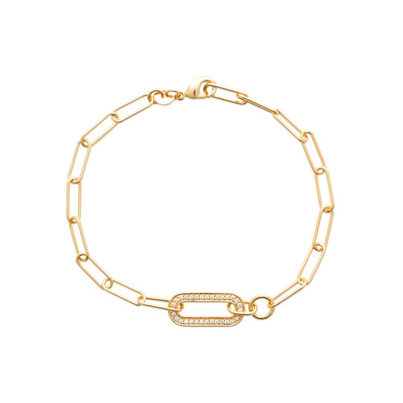 Bracelet Plaqué Or Jaune Maillons et Motif Pavage Oxydes Blancs