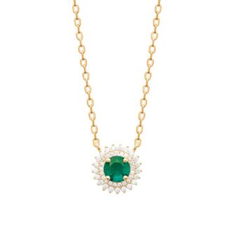 Collier Plaqué Or Jaune Marguerite Oxyde Vert Central Rond et Double Entourage Oxydes Blancs Sertis