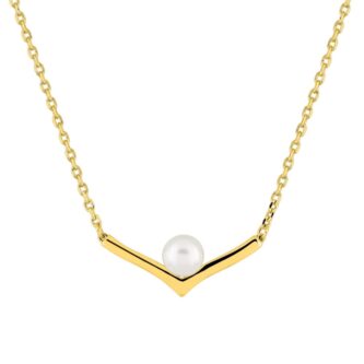 Collier Pendentif Plaqué Or Jaune Forme V avec Perle de Culture Bouton 5mm