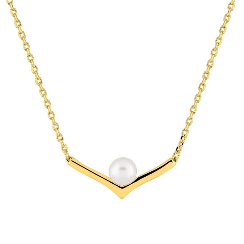 Collier Pendentif Plaqué Or Jaune Forme V avec Perle de Culture Bouton 5mm
