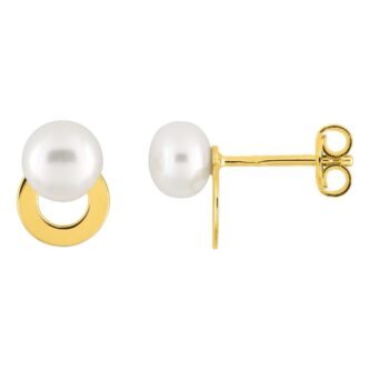Boucles d'oreilles Plaqué Or Jaune Motif Cercle et Perle de Culture Bouton 6mm