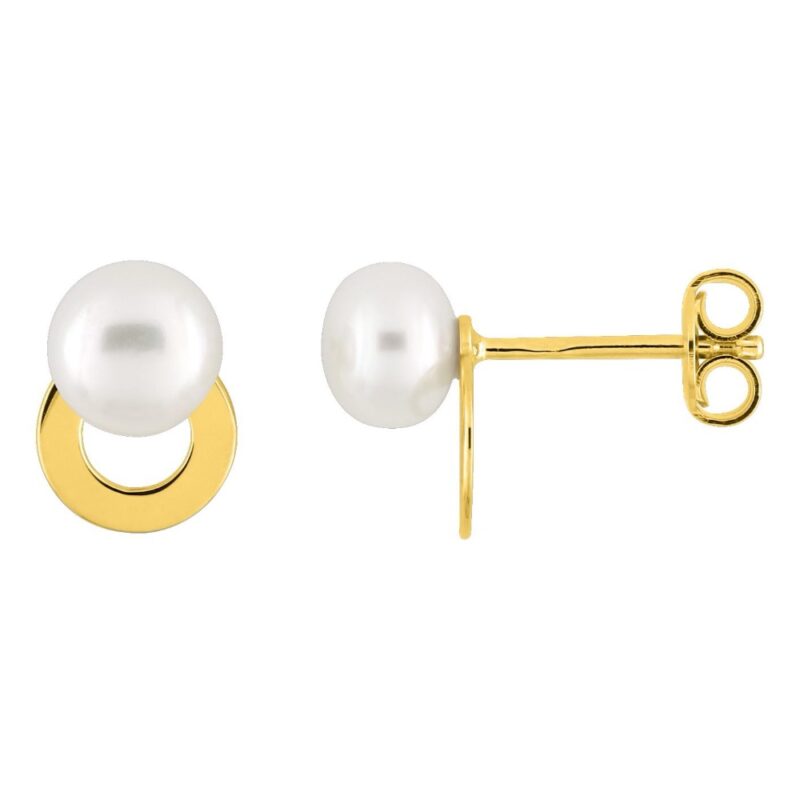 Boucles d'oreilles Plaqué Or Jaune Motif Cercle et Perle de Culture Bouton 6mm
