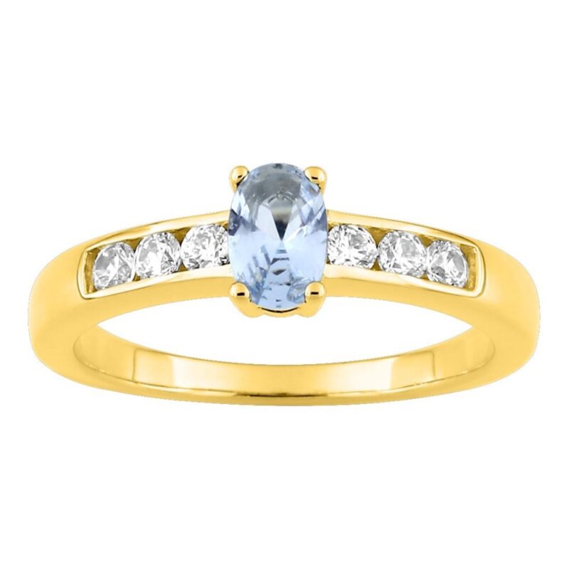 Bague Plaqué Or Jaune Oxyde Ovale Bleu Ciel et Oxydes Serti Rail