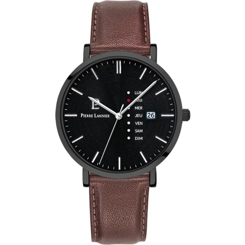 Montre Homme Pierre Lannier Data Cadran Noir Bracelet Cuir Marron 243H434