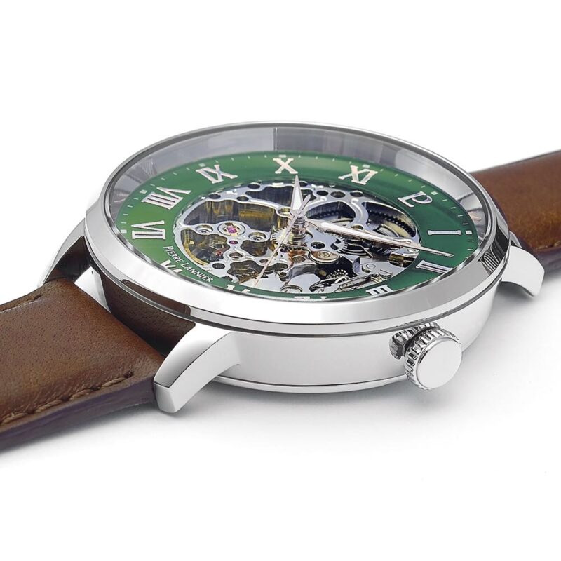 Montre Homme Pierre Lannier Automatique Acier Cadran Vert Bracelet Cuir Brun 323D174 – Image 2
