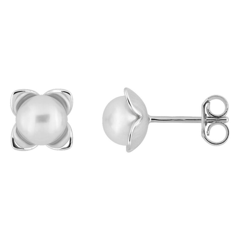 Boucles d'oreilles Argent Rhodié 925/1000 et Perles de Culture Bouton 5mm Motif Fleur