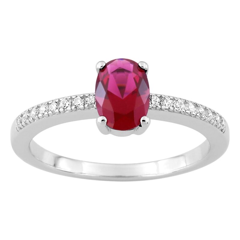 Bague Argent Rhodié 925/1000 Oxyde Ovale Rouge Serti Griffe et 1 Rang Oxydes