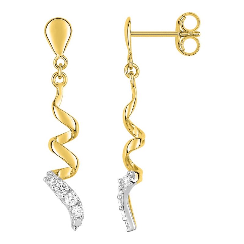 Boucles d'oreilles Pendantes Or 750/1000 Torsade et Oxydes Blanc Rhodium