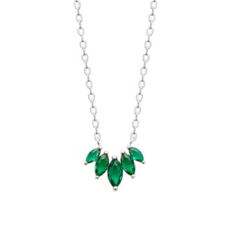 Collier Argent Rhodié 925/1000 avec Oxydes Vert Forme Navette