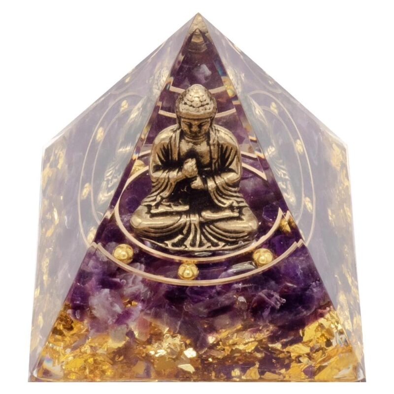 Pyramide Orgonite de Protection en Résine et Pierre Naturelle Améthyste et Bouddha en Cuivre - 6x6cm – Image 2